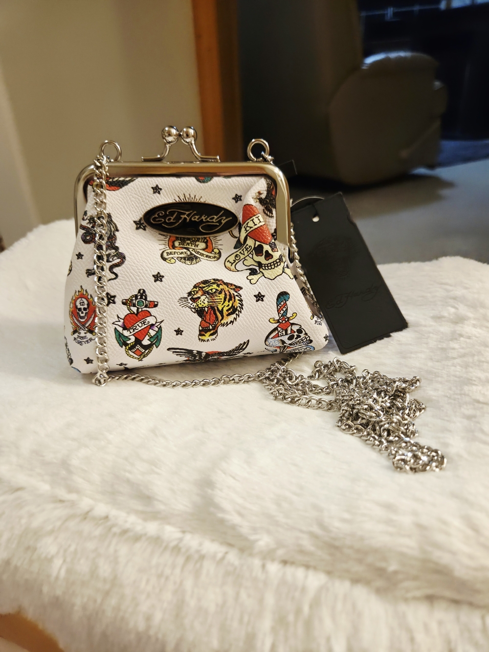 Ed Hardy White Tattoo-Print Kiss-Lock Mini Shoulder Bag